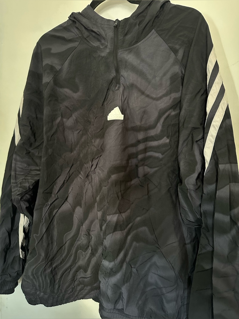 Adidas Black Windbreaker Pullover with White Sleeve Stripes